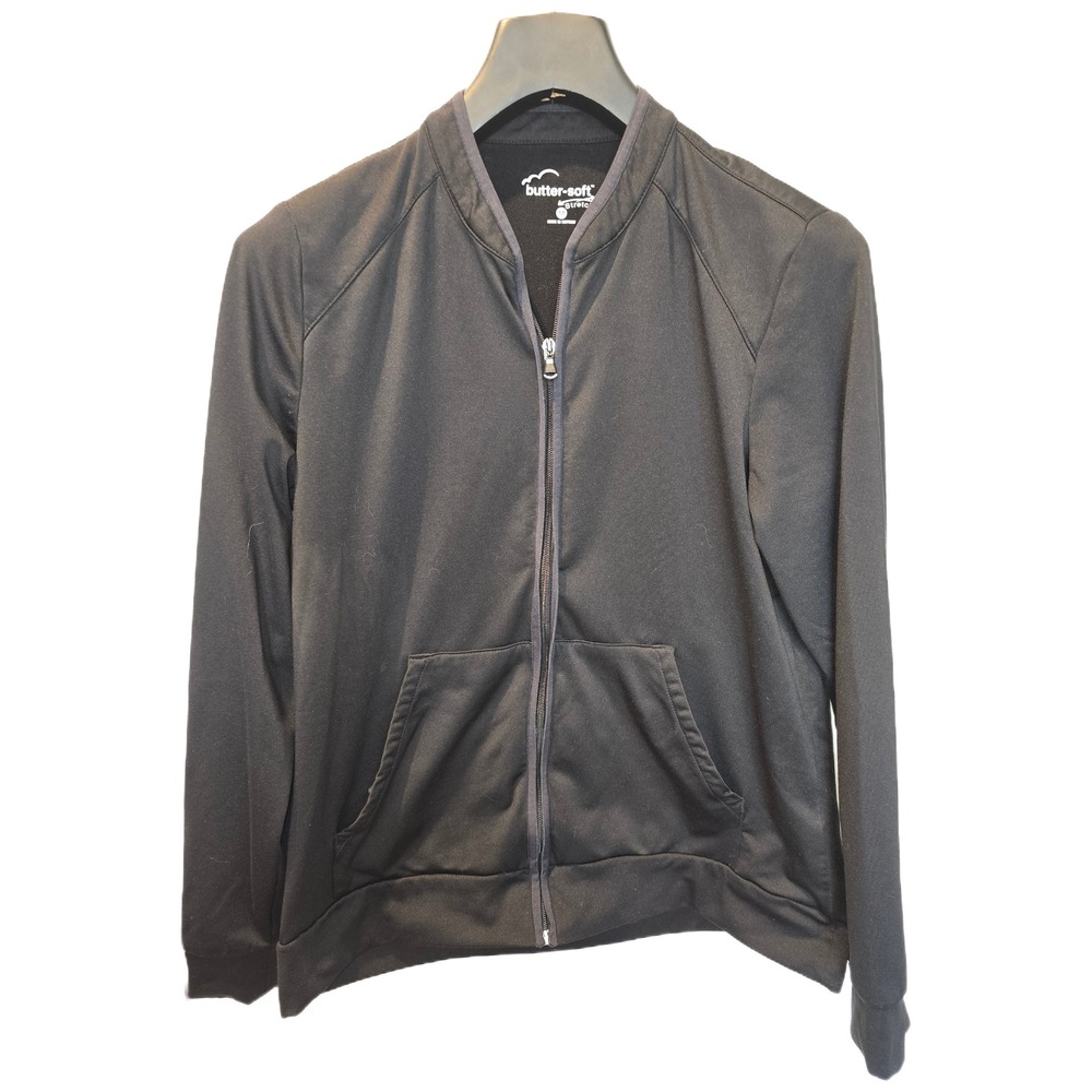 Butter-Soft Stretch Womens Scrub Jacket Black Full Zip Bomber Style KN482 Size M